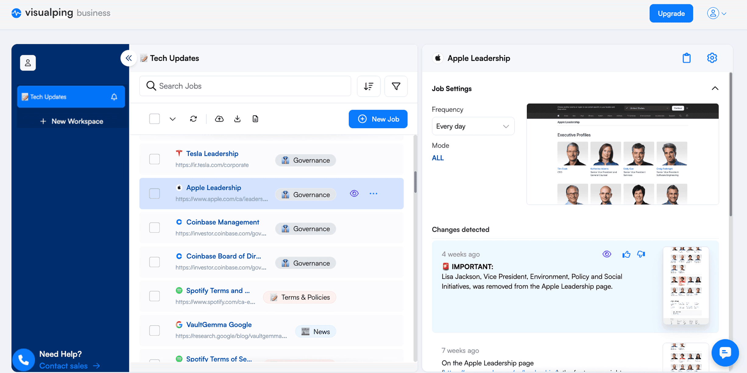 Visualping monitoring jobs tracking leadership and governance pages with a detected change on the Apple leadership page